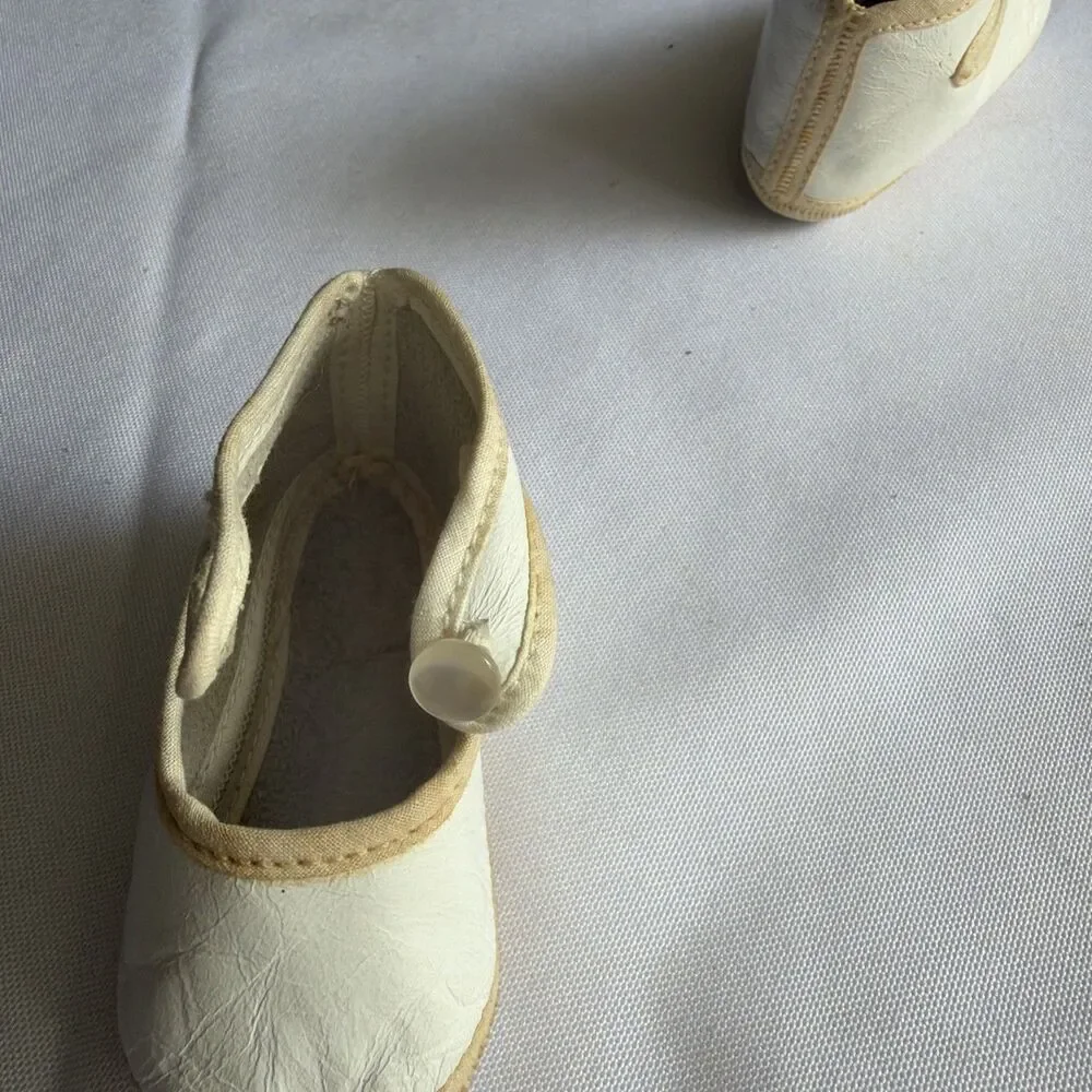 Vintage White Oilcloth Doll Shoes - Pearl Button Detail - Antique Fashion Doll